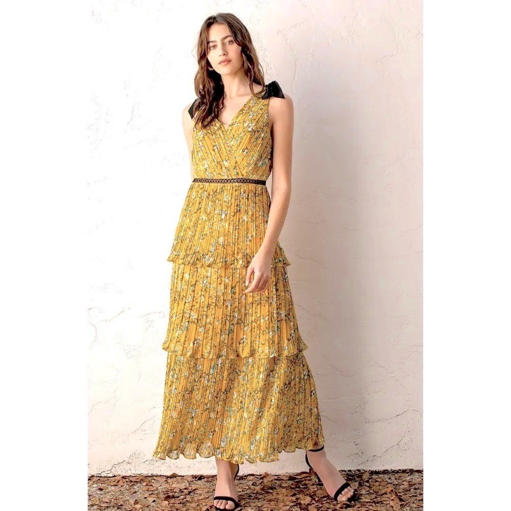 LULU'S Yellow Floral Maxi Dress Easter Pleated Bows Long Wedding‎ Tiered Small